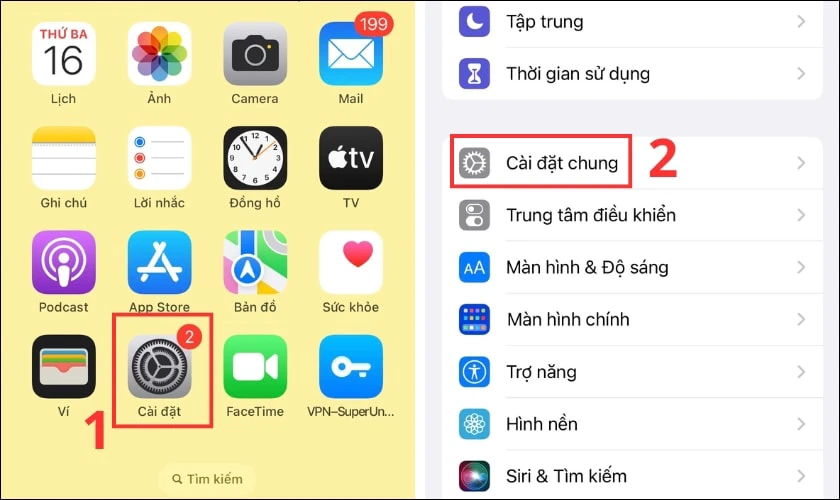 Chọn mục Cài đặt, kéo xuống chọn vào mục Cài đặt chung