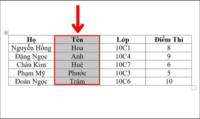 Chọn cột Tên để bôi đen toàn bộ dữ liệu trong cột cần sắp xếp