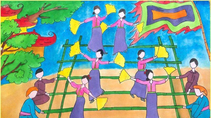 Tranh vẽ đơn giản của học sinh lớp 5 về không khí vui tươi của một lễ hội dân gian