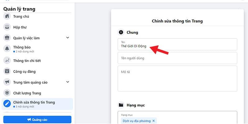 cách đổi tên fanpage