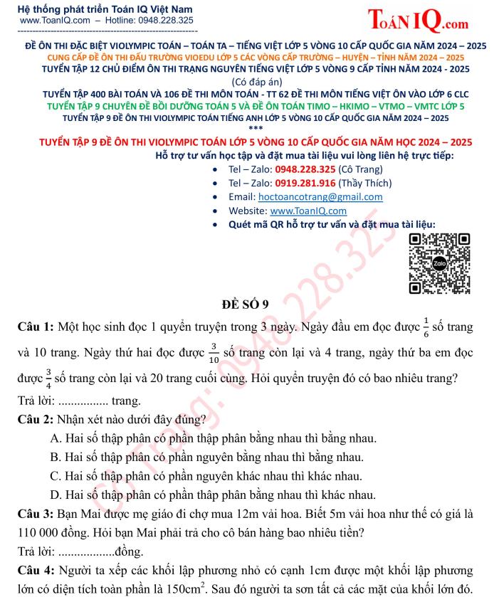 Đề thi trải nghiệm Violympic Toán lớp 5 Vòng 10 cấp Quốc gia năm 2024 – 2025