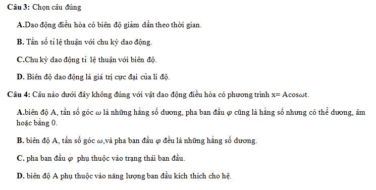 Bài tập lý thuyết về định nghĩa và các đại lượng đặc trưng của dao động cơ ( có đáp án)