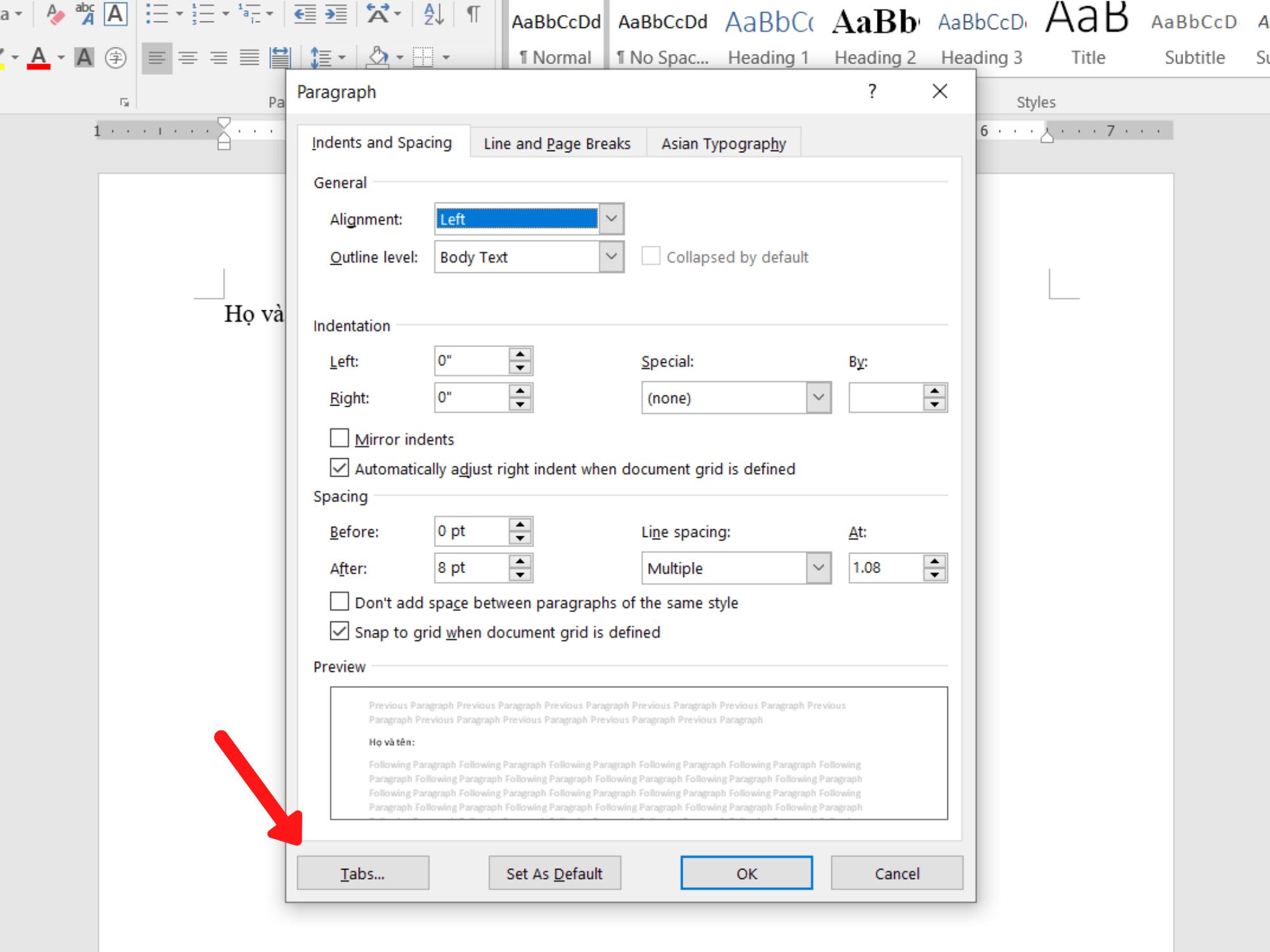 Cách sử dụng Tab trong Word để thêm dòng ba chấm vào văn bản