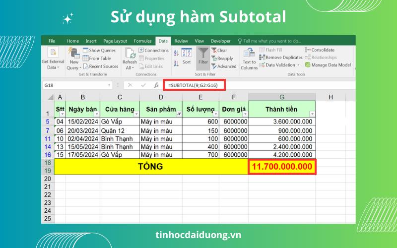Cách tính tổng trong Excel khi lọc dữ liệu với hàm Subtotal