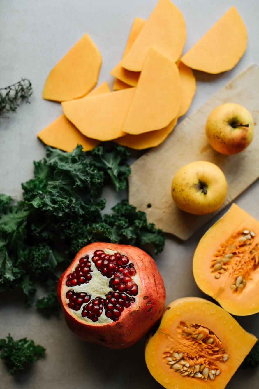 Oven baked squash with kale chips